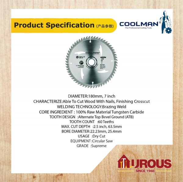 COOLMAN POPULAR TCT 60T ATB PREMIUM TYPE CIRCULAR WOOD CUTTING BLADE 7''/180MM (TCT18060ATBP) - Image 3