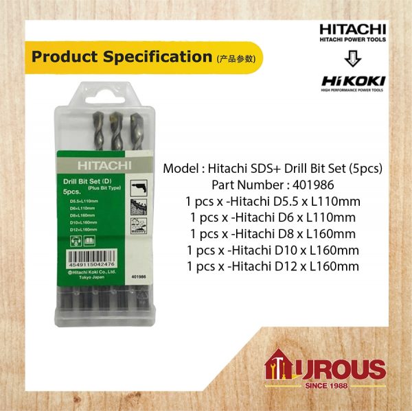HITACHI SDS PLUS CONCRETE DRILL BIT SET 5PCS 401986 - Image 3
