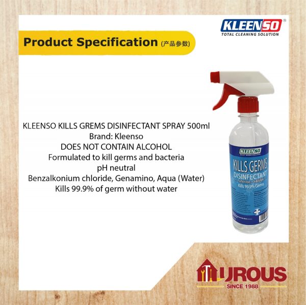 KLEENSO 99.9% KILLS GERMS WATER BASE DISINFECTANT LIQUID SPRAY 500ML - Image 5