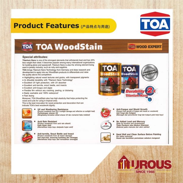 TOA WOODSTAIN PREMIUM WOOD COATING FOR EXTERIOR AND INTERIOR -GLOSS-  1 LITRE - Image 3