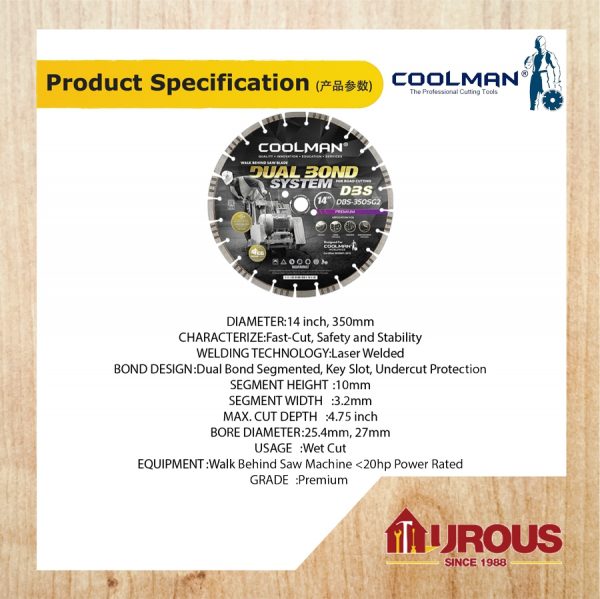 COOLMAN HIGH SPEED DUALBOND SYSTEM LASER WELDED BLADE DIAMOND DISC 14"/350MM (DBS350SG2) - Image 3