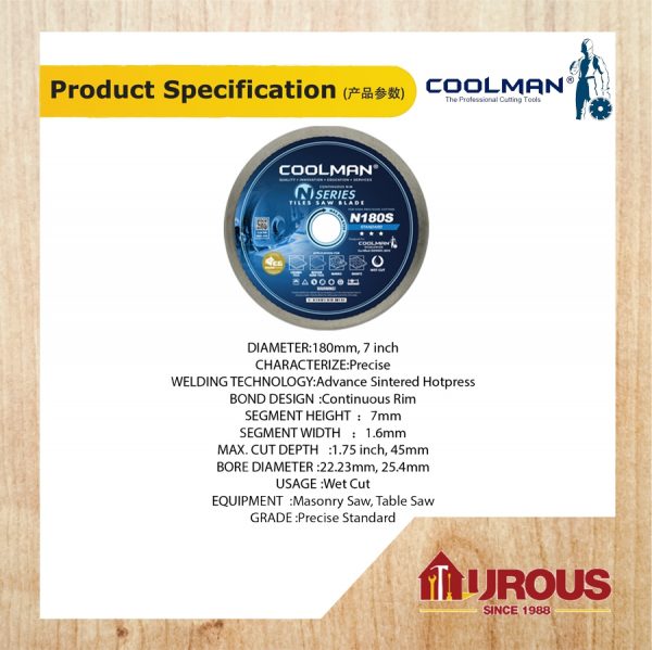 COOLMAN CONTINOUS RIM WET BLADE STANDARD DIAMOND DISC 7''/180MM(N180S) - Image 3
