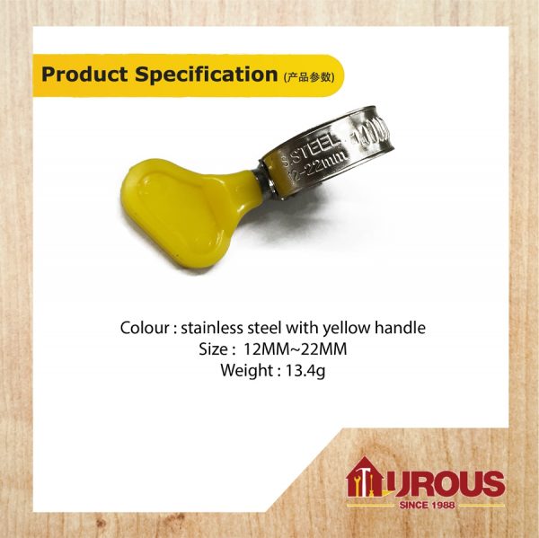 MII S/S HOSE CLIP 100% C/W HANDLE (PVC YELLOW) NO. O - 12MM~22MM (1 piece) - Image 2