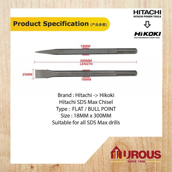 HITACHI HIKOKI SDS MAX SHANK CHISEL 18MM x 300MM - (FLAT / BULL POINT) - Image 3