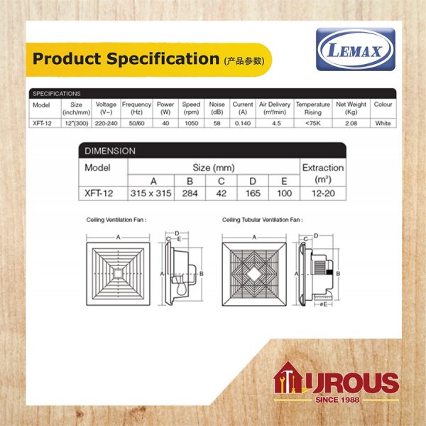LEMAX CEILING EXHAUST FAN 12'' (CEILING VENTILATION FAN) (XFT-12) - Image 4