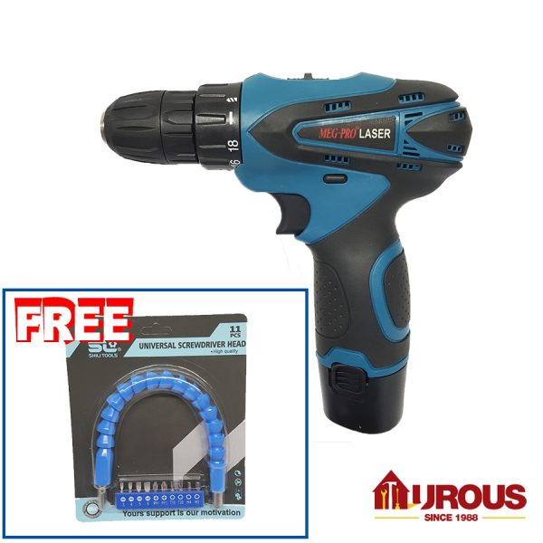 MEG PRO LASER 2 SPEED BATTERY DRILL CORDLESS MACHINE 12V FREE SCREW BIT SET - Image 2