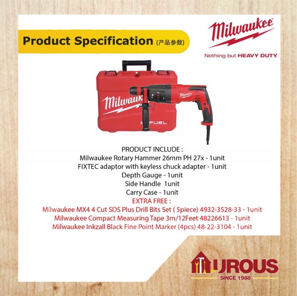 Milwaukee 3 mode SDS Plus Rotary Hammer 26mm 800W PH 27 X MSH W/FIXTEC - Image 5