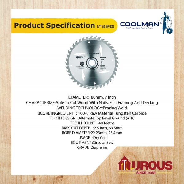 COOLMAN POPULAR TCT 40T ATB PREMIUM TYPE CIRCULAR WOOD CUTTING BLADE 7''/180MM (TCT18040ATBP) - Image 3