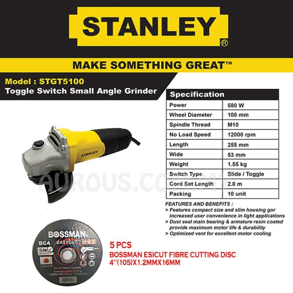 Stanley Machine Angle Grinder 580W STGT5100(FREE Fibre Cutting x 5pcs) - Image 3