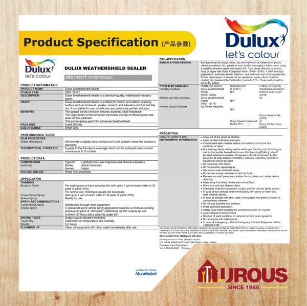 DULUX WEATHERSHIELD SEALER ALKALI RESISTANT 5 LITRE EXTERIOR WALL SEALER (A931-18177) - Image 2