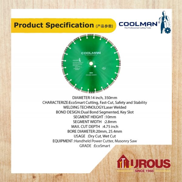 COOLMAN HIGH SPEED DUALBOND SYSTEM LASER WELDED BLADE DIAMOND DISC 14"/350MM (DBHS350P) - Image 3
