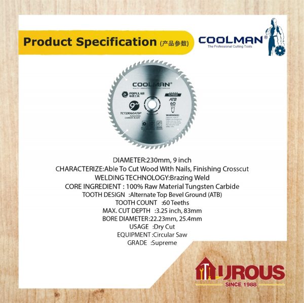 COOLMAN POPULAR TCT 60T ATB PREMIUM TYPE CIRCULAR WOOD CUTTING BLADE 9''/230MM (TCT23060ATBP) - Image 3