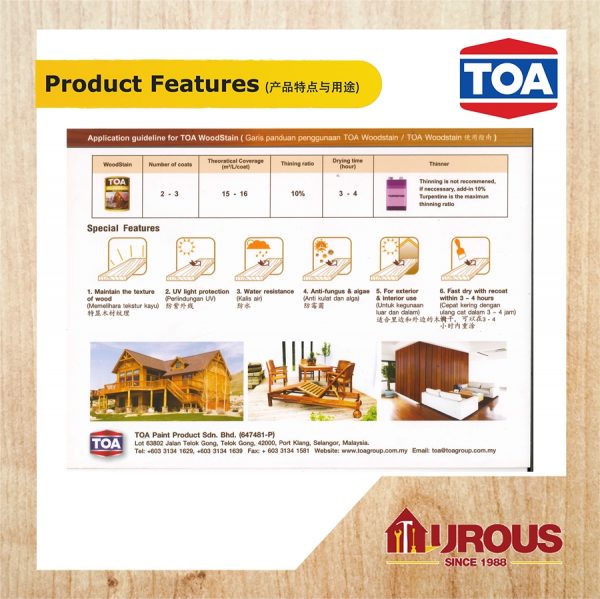TOA WOODSTAIN PREMIUM WOOD COATING FOR EXTERIOR AND INTERIOR -GLOSS- 5 LITRE - Image 4