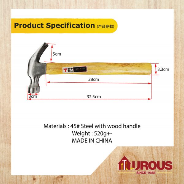 CLAW HAMMER WITH WOODEN HANDLE 27MM - Image 5