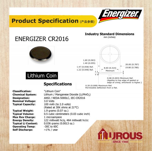 ENERGIZER MAX 3V LITHIUM  BATTERY CR2016 (ECR2016BS2) - Image 3