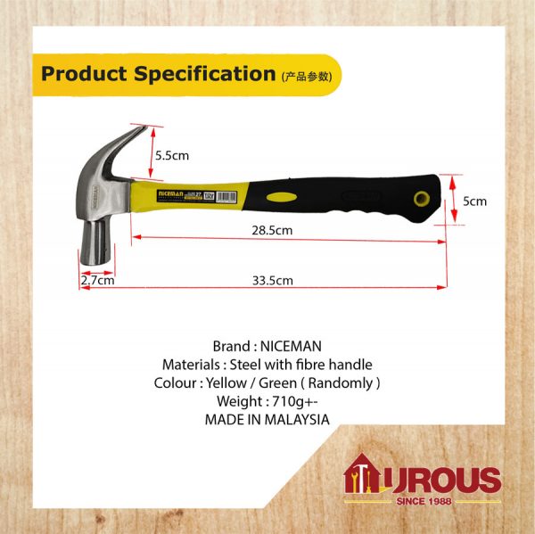 NICEMAN CLAW HAMMER WITH FIBRE HANDLE 27MM - Image 7