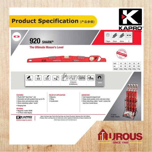 KAPRO 920 SHARK SERIES ULTIMATE MASON'S LEVEL/SPIRIT LEVEL/PROFESSIONAL WATER LEVEL 16"=40CM 920-40 / 24"=60CM 920-60 - Image 8