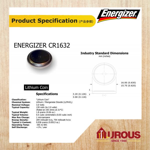 ENERGIZER MAX 3V LITHIUM  BATTERY CR1632 (3V E-CR1632) - Image 3