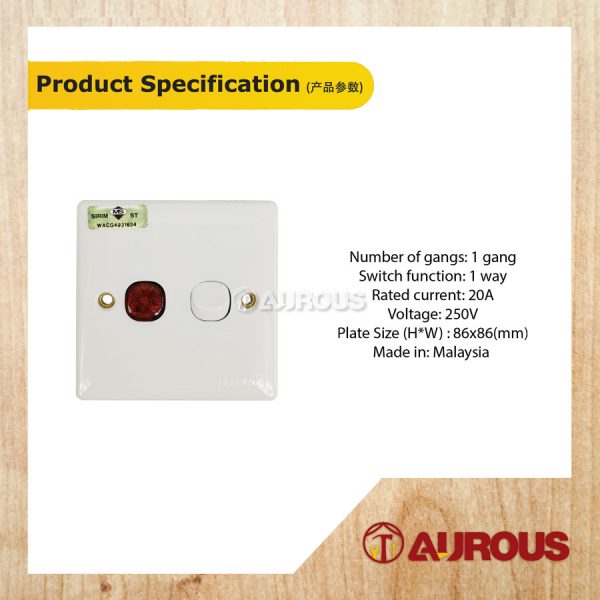 FLUSH SWITCH WITH NEON INDICATOR DS820L 20A 250V - Image 3