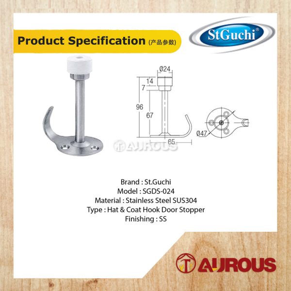 ST GUCHI HD024 HAT & COAT HOOK - SS (DOOR STOPPER WITH HOOK) - Image 2