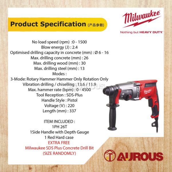 MILWAUKEE 3 IN1 ROTARY HAMMER PH 26T 800W 2.4J WITH EXTRA FREE GIFT - Image 7