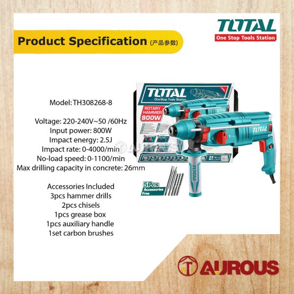 TOTAL ROTARY HAMMER 26MM 800W TH308268-8 - Image 7