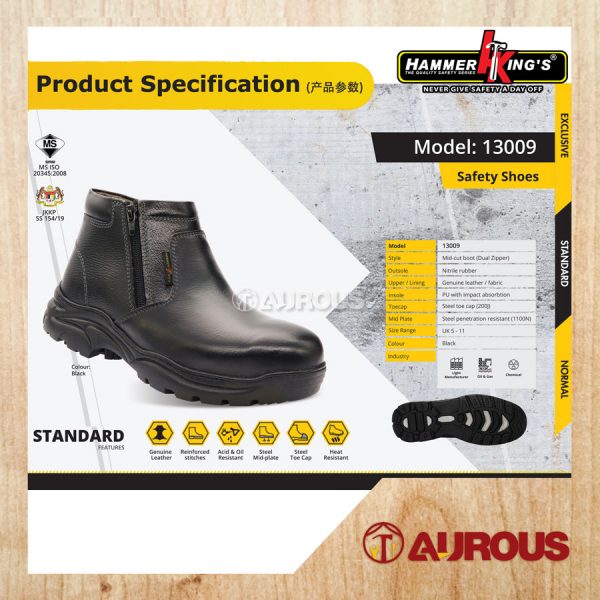 HAMMER KING MID CUT DUAL ZIPPER SAFETY SHOE 13009 BLACK SIZE 5 TO 11 - Image 5