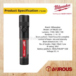 MILWAUKEE L4 TMLED-201 ASIA USB 1100 LUMENS TWIST FOCUS FLASHLIGHT - Image 7