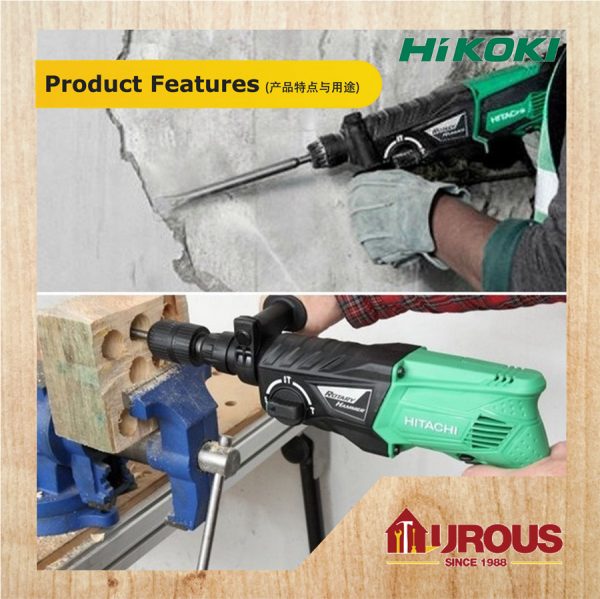 HIKOKI 3 IN 1 ROTARY HAMMER DH26PC2 26MM C/W DRILL BIT SET BULL POINT 1/2 CHUCK & ADAPTOR - Image 8