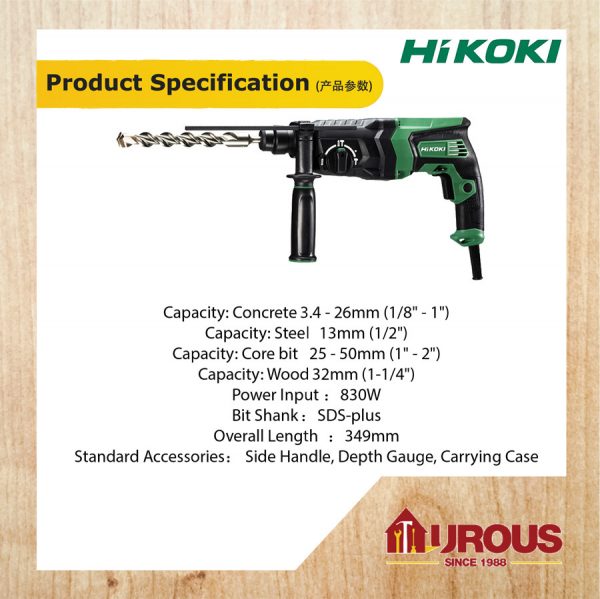 HIKOKI 3 IN 1 ROTARY HAMMER DH26PC2 26MM C/W DRILL BIT SET BULL POINT 1/2 CHUCK & ADAPTOR - Image 7