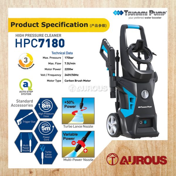 TSUNAMI PUMP HIGH PRESSURE CLEANER (2200W/ 170 BAR/ 7.5 LPM) HPC7180 - Image 7