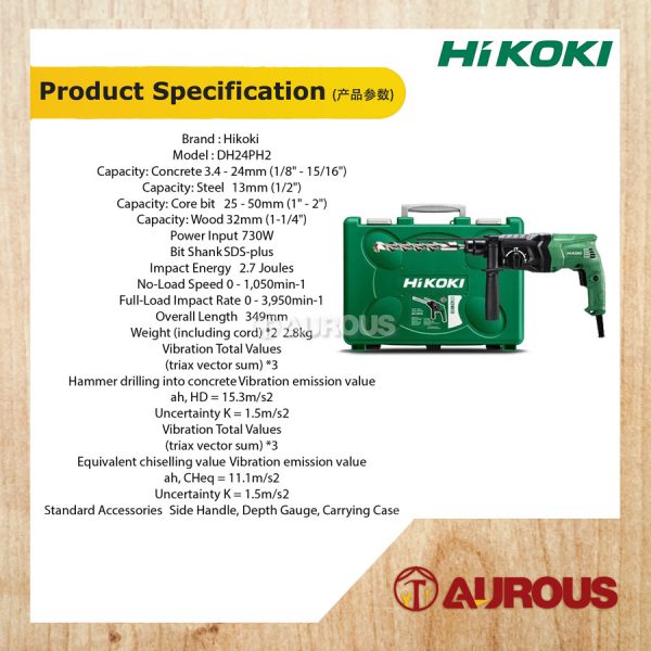 HIKOKI 3 IN 1 ROTARY HAMMER DH24PH2 24MM C/W DRILL BIT SET ( INCLUDED ACCESORIES 5 DRILL BIT ) - Image 5
