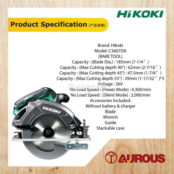 HIKOKI BATTERY CORDLESS MULTI VOLT CIRCULAR SAW 36V C3607DA 7'' 185MM  [BARE TOOL] - Image 6
