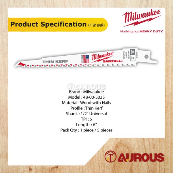 MILWAUKEE WOOD CUTTING SAWZALL BLADE 48-00-5035 [6"] 5TPI - Image 3