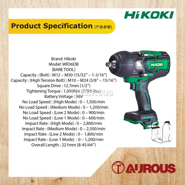 HIKOKI BATTERY CORDLESS MULTI VOLT IMPACT WRENCH MACHINE 1/2'' 36V WR36DB 1650NM TORQUE [BARE TOOL] - Image 4