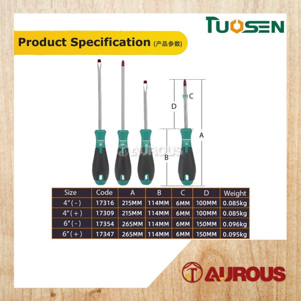 TUOSEN MAGNETIC RUBBER HANDLE S2 BRONZE TIP SCREWDRIVER (+)(-) (4'' / 6'') - Image 7