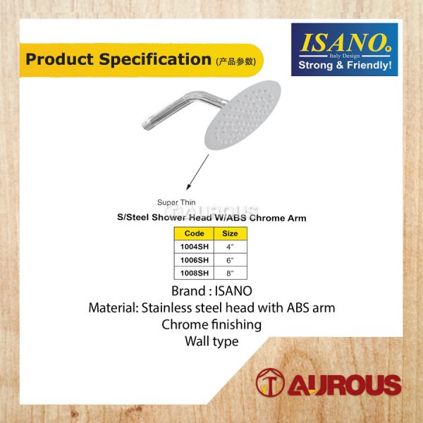 ISANO SUPER THIN STAINLESS STEEL ROUND SHOWER HEAD WITH ABS CHROME ARM (4'' , 6'' , 8'') - Image 3