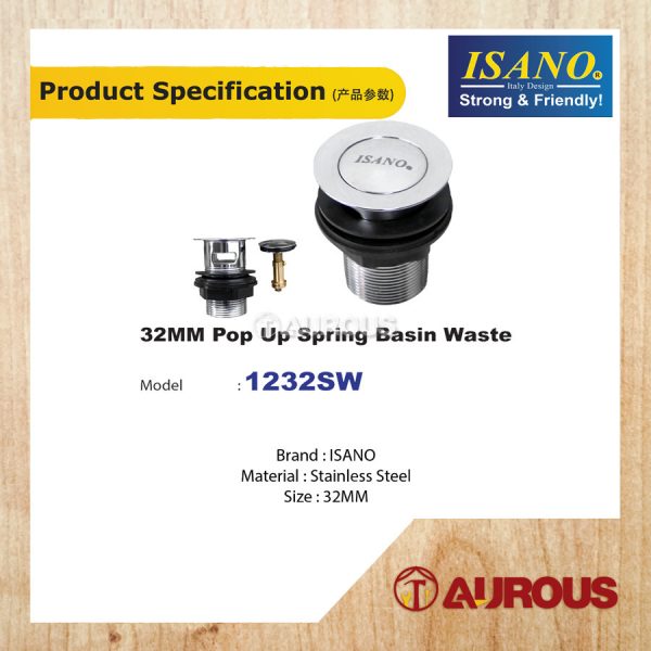 ISANO STAINLESS STEEL BASIN POP UP STRAINER C/W OVERFLOW 1 1/4'' (1232SW) - Image 3