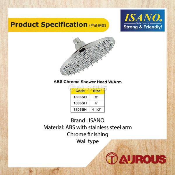 ISANO ABS CHROME SHOWER HEAD C/W ARM HANDLE (4 1/2'' , 6'' , 8'') - Image 6