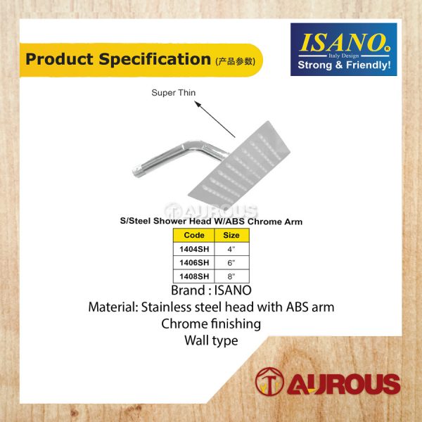 ISANO SUPER THIN STAINLESS STEEL SQUARE SHOWER HEAD WITH ABS CHROME ARM (4'' , 6'' , 8'') - Image 3