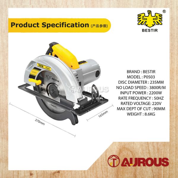 BESTIR 9'' HAND-HELD CIRCULAR SAW WOOD CUTTER 2200W / MESIN GERGAJI PEMOTONG KAYU (P0503) - Image 5