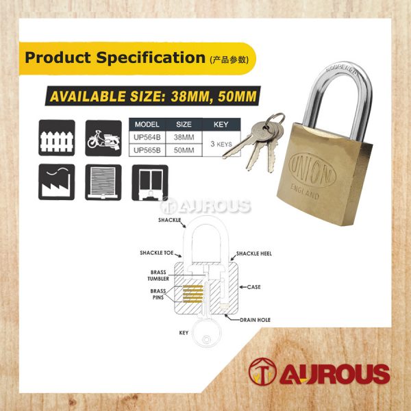 UNION PIN TUMBLER SECURITY PADLOCK 100% BRASS CYLINDER (UP564B-38MM / UP565B-50MM) - Image 4