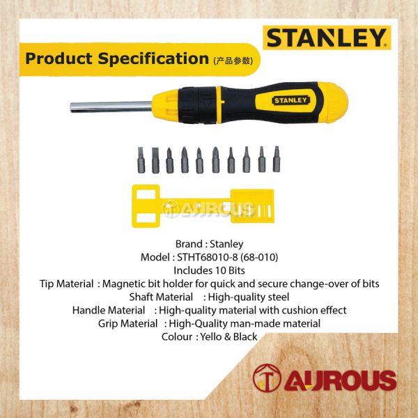 STANLEY 10 PCS MULTI-BIT CUSHION GRIP RATCHENTING SCREWDRIVER STHT68010-8 (68-010) - Image 7