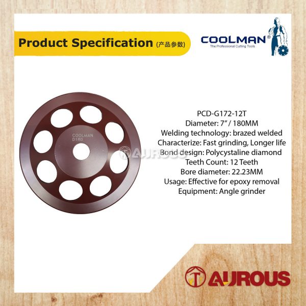 COOLMAN 12 TEETH PCD DIAMOND GRINDING WHEEL DISC 7''/230MM (PCD-G172-12T) - Image 5