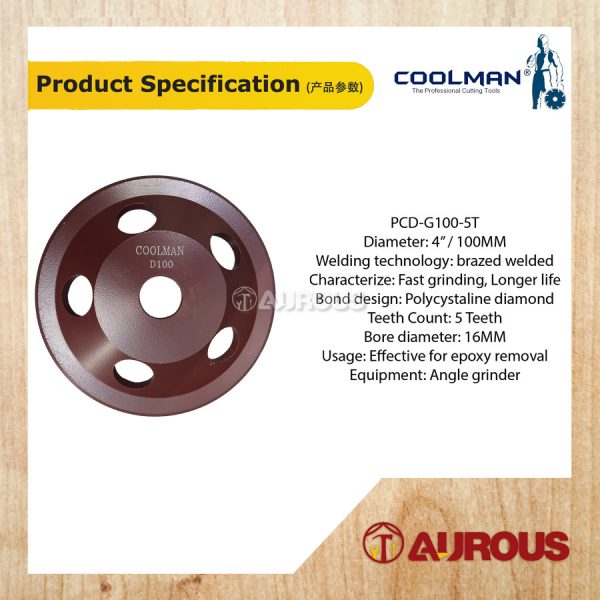 COOLMAN 5 TEETH PCD DIAMOND GRINDING WHEEL DISC 4''/100MM (PCD-G100-5T) - Image 5