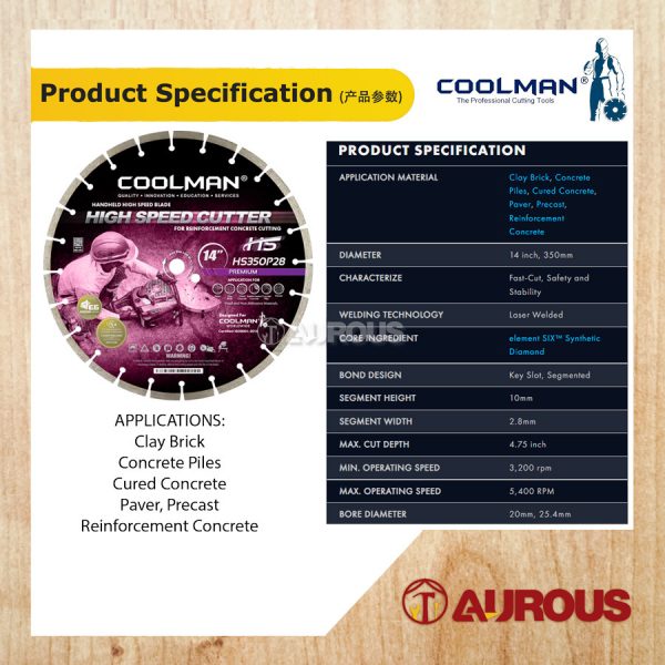 COOLMAN HIGH SPEED LASER 2.8MM DIAMOND CUTTING DISC HS350P28 14'' 350MM - Image 3