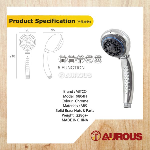 MITCO ABS CHROME 5 FUNCTIONS MASSAGE HAND SHOWER HEAD (9804H) - Image 4
