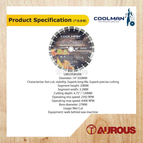 COOLMAN WARLORD BLADE EQUIPPED DIAMOND CUTTING DISC 14''/350MM (LWD350H20E) - Image 3