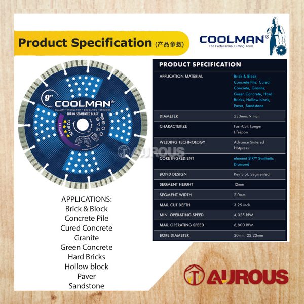 COOLMAN GENERAL PURPOSE BLADE SINTERED HIGH SPEED DIAMOND CUTTING DISC 9''/230MM (D230TS) - Image 3