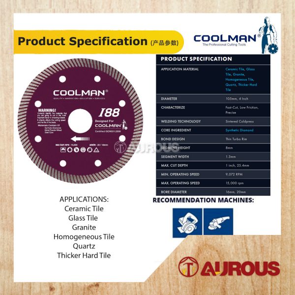 COOLMAN 88 SERIES I88 THIN TURBO RIM BLADE DIAMOND CUTTING DISC 4''/105MM - Image 3